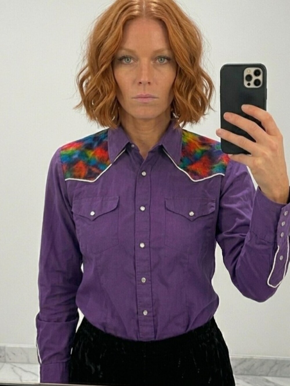 Vintage Western Rainbow Pride Shirt L Pearl Snap Button Up Cotton Purple Custom